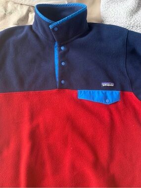Patagonia Red & Navy Snap-T Fleece with Bright Blue Accents